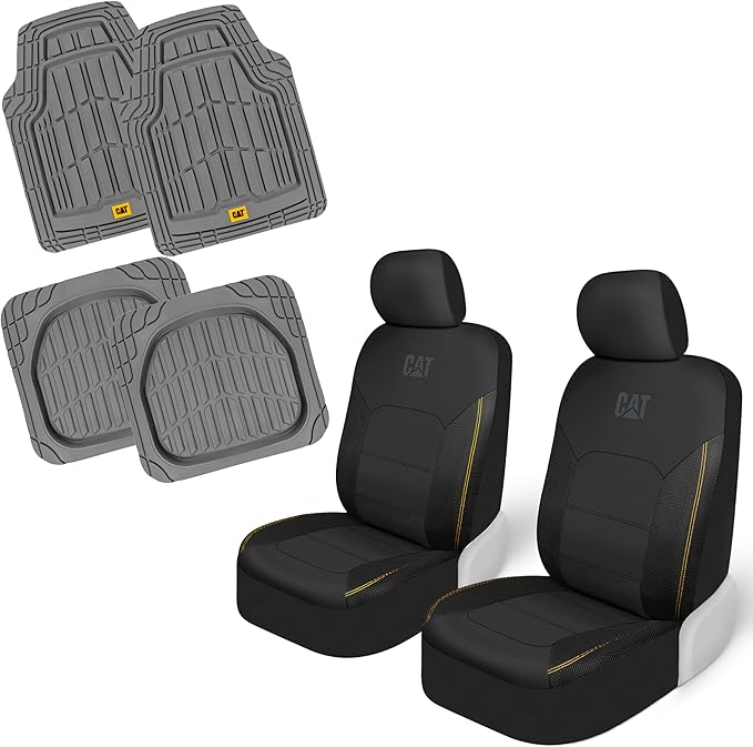 CAT PU Leather Seat Covers for Cars – (2) Front Seat Covers with (4) All-Weather Heavy-Duty Floor Mats for Trucks, Cars, & SU