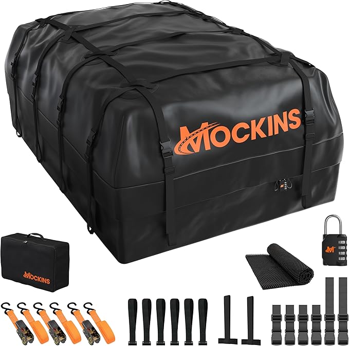 Mockins 35 Cu Ft Black Rooftop Cargo Carrier Bag | 60"x42"x24" Roof Bag Cargo Carrier for Top of Vehicle | Vehicle Soft-Shell Carriers for Car Roof Storage w/Accessories | Use with or w/o Roof Rack