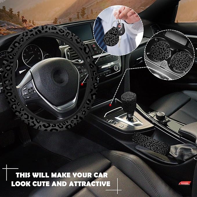 10 Pieces Leopard Print Car Steering Wheel Cover Center Console Armrest Pad Headrest Seat Belt Cover Handbrake Cover Keychain Coaster Full Set Car SUV(Leopard Print)