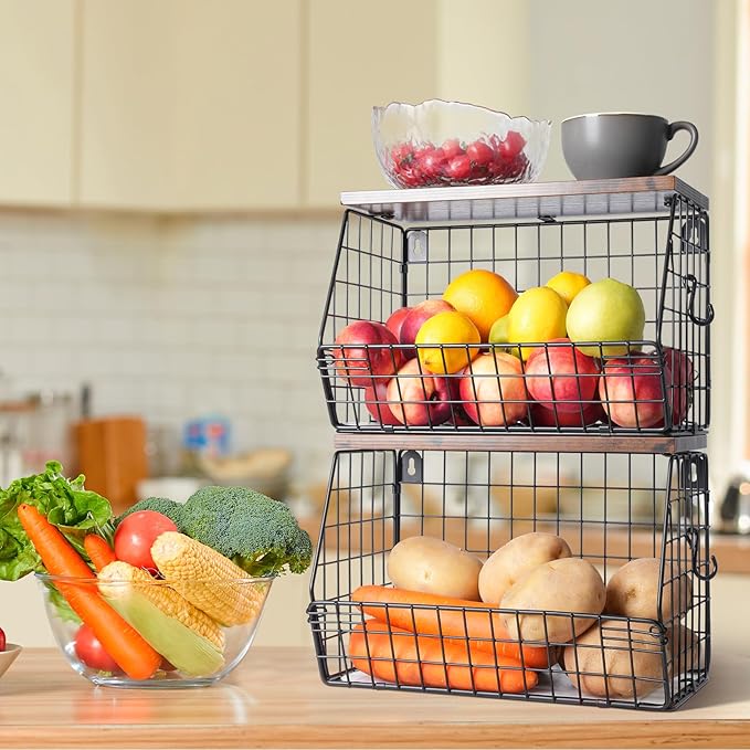 Mefirt 2pcs Fruit Basket Kitchen Storage Basket with Wood Lid, Stackable Wall Basket Fruit Basket for Kitchen, Countertop Org