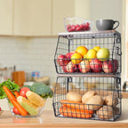 Mefirt 2pcs Fruit Basket Kitchen Storage Basket with Wood Lid, Stackable Wall Basket Fruit Basket for Kitchen, Countertop Org