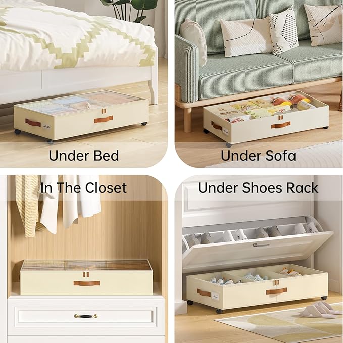 Yecaye Under Bed Storage with Wheels, 2Pack Grey Under Bed Storage Containers and 2Pack Beige Under Bed Shoe Storage with Div