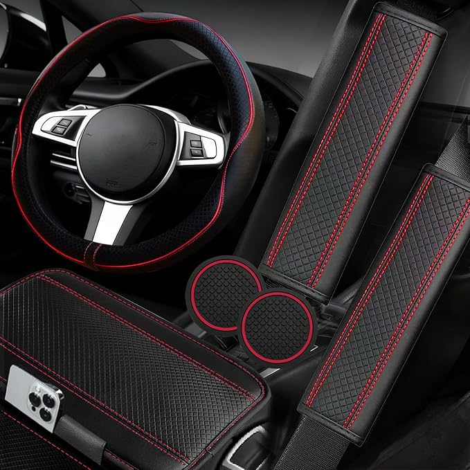 NBTEPEM 6 PCS Car Steering Wheel Cover Set, Microfiber Leather Steering Wheel Covers Universal 14.5-15 inch, Center Console C