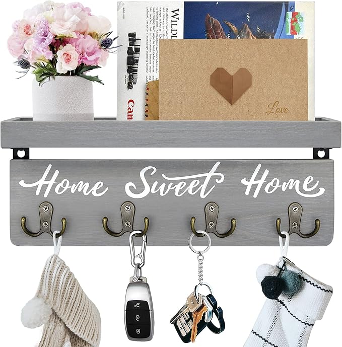 buways Key Holder Wall Mount with 4 Double Hooks-Solid Wood Wall-Mounted Organizer for Keys&Mail Rustic Key Rack Hanger Holde