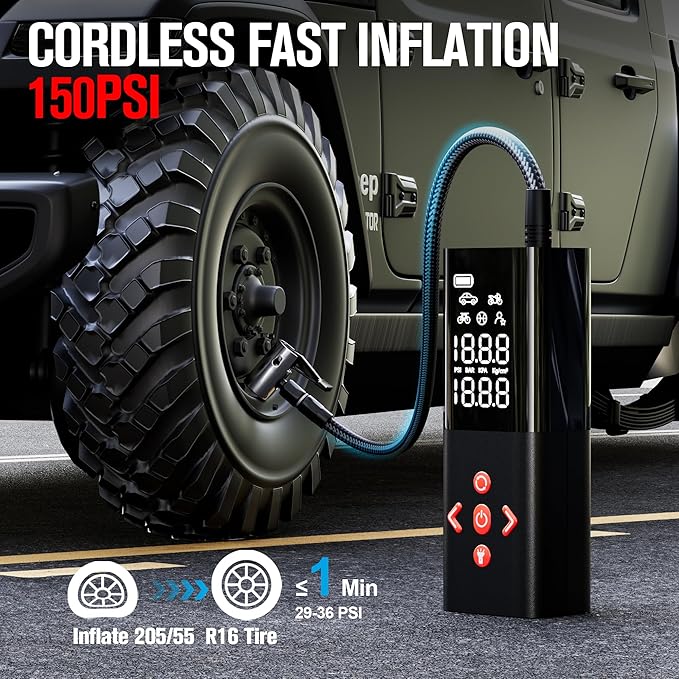 GOOLOO AP150 Tire Inflator Portable Air Compressor, 2X Faster 150PSI Cordless Air Pump for Car Tires with Auto-Shutoff, Portable Tire Pump with Digital Pressure Gauge for Car, Motorcycle,Bike, Ball