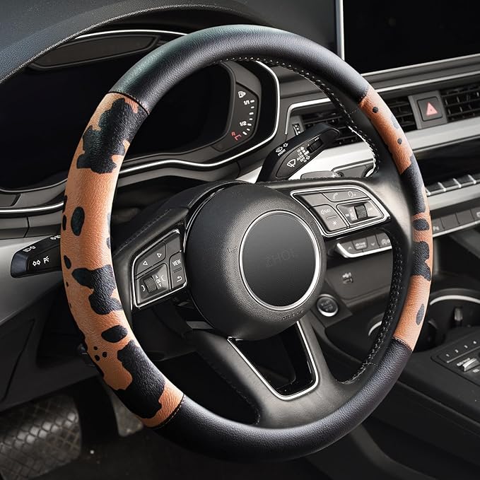 Cow Print Car Steering Wheel Covers, Breathable Microfiber Leather for Women and Men, Universal 15 inch Anti-Slip Steering Wh