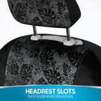 BDK Black Maui Car Seat Covers for Front Seats, 2 Pack – Tropical Pattern with Matching Headrest, Sideless Design for Easy In