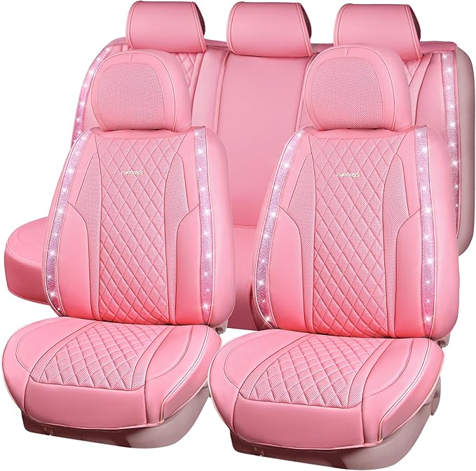 CAR PASS Pink Nappa Leather Car Seat Covers for Full Seats, Bling Diamond Waterproof Seat Protectior Universal Fit Auto SUV S