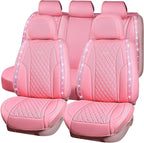 CAR PASS Pink Nappa Leather Car Seat Covers for Full Seats, Bling Diamond Waterproof Seat Protectior Universal Fit Auto SUV S