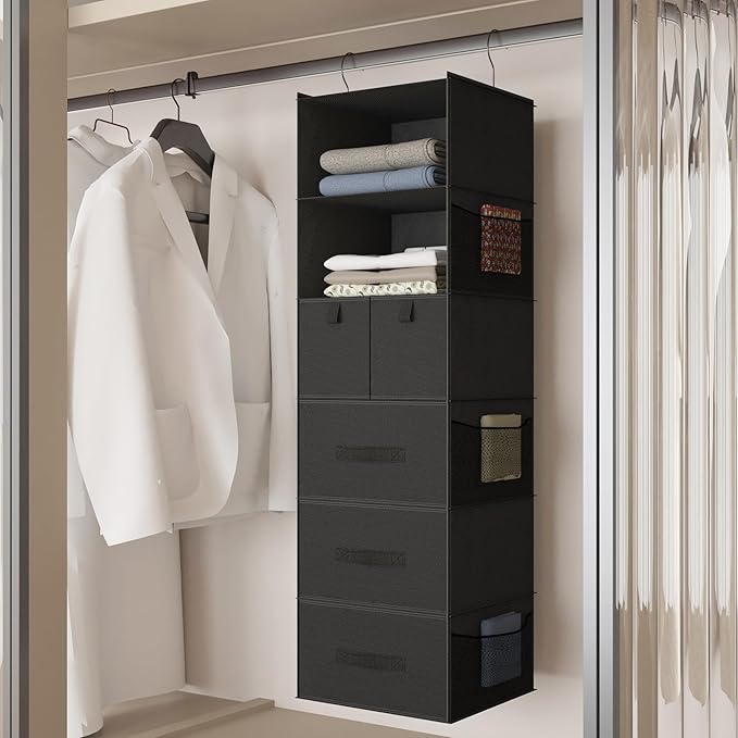 6-Shelves Hanging Closet Organizer with 5 Different Drawers, Foldable Closet Organizers and Storage for Wardrobe, Closet& RV,