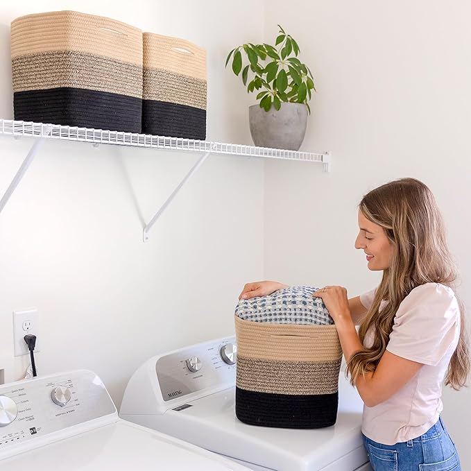 NaturalCozy Storage Cubes 11 Inch Cotton Rope Woven Baskets for Organizing, 3-Pack | Cube Storage Bin | Square Storage Basket