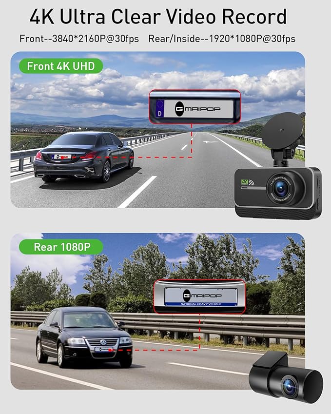 Dash Cam Front and Rear,4K+1080P WiFi Dual Dash Camera for Cars with App, 3" IPS Dashboard Camera Recorder,Night Vision,24H/7