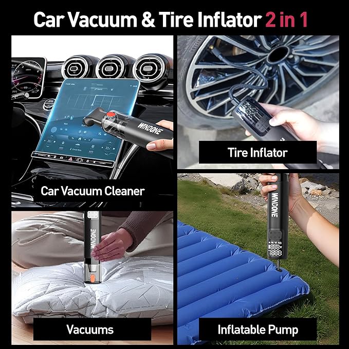 Windone Car Vacuum, 12000Pa 2-in-1 Cleaner & Tire Inflator 150PSI, 60W Brushless Motor, Cordless Handheld Vacuum & Air Pump w