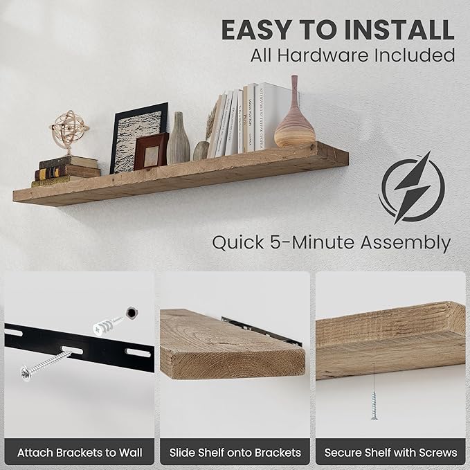 Solid Wood Floating Shelves, 8" Deep Rustic Reclaimed Barnwood Wall Hanging Floating Shelf with Invisible Heavy-Duty Metal Br