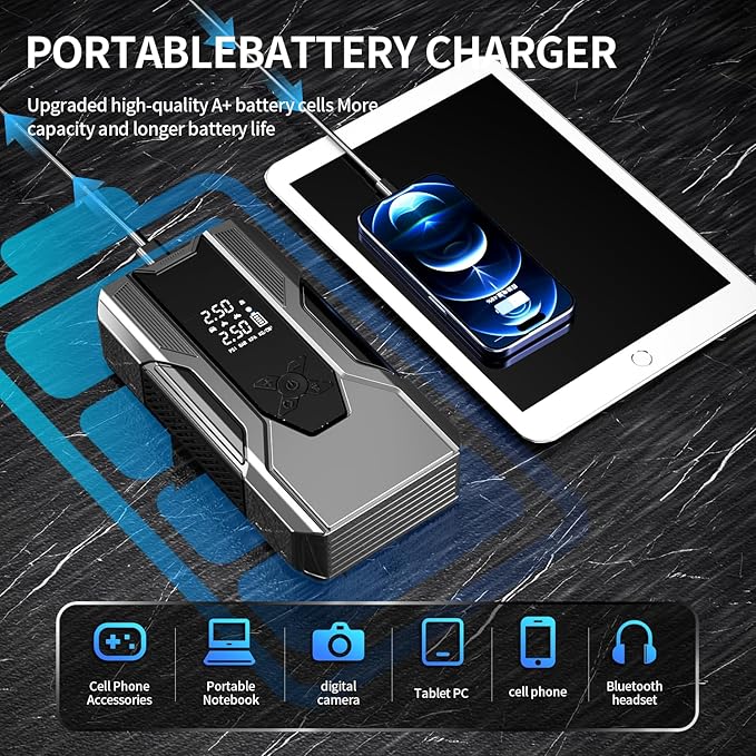 Emergency Portable Jump Starter with Air Compressor - 3000A 150PSI for Cars, Trucks & SUVs up to 9L Gas/7L Diesel, 12000mAh