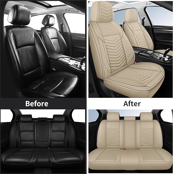 Nappa Leather Car Seat Covers Full Set, Beige Car seat Protector 5 Seats, Waterproof Car Seat Cushion, Universal Automotive S