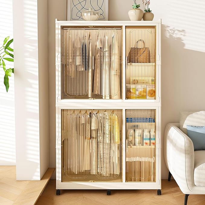 Portable Wardrobe Closet Storage Organizer, Plastic Collapsible Closet Organizer with Transparent Magnetic Door, for Bedroom 