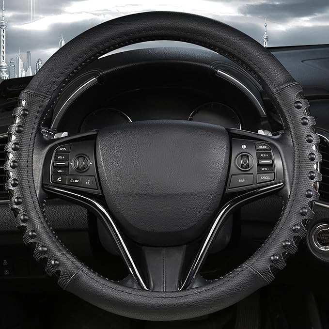 West Llama Microfiber Leather Car Steering Wheel Cover for Men Women,Universal Fit 15.5-16 inch(Leather Nails-Black-Large Siz