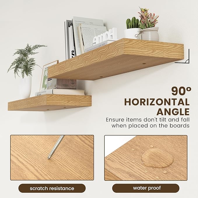 Deep Floating Shelves | 36 Inch Oak Floating Shelves Set of 2 | 12 Inch Deep Rustic Wood Shelves for Wall | 36" W x 12" D Oak