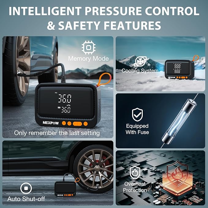 NEXPOW Tire Inflator Portable Air Compressor, 150 PSI Air Pump for Car Tires with Digital Pressure Gauge & Auto Shut-Off, Air Compressor Portable for Car, Motorcycle, Bicycle, Balls, Orange
