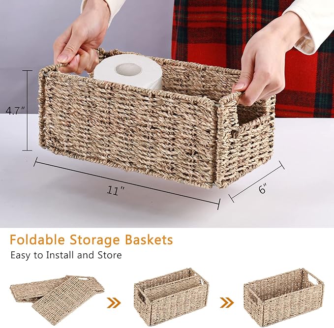 Vagusicc Wicker Storage Basket, Set of 2 Hand-Woven Storage Baskets for Organizing, Small Wicker Basket for Toilet Paper, Fol