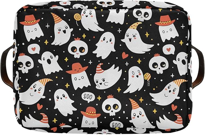 xigua Halloween Ghost Storage Basket Collapsible Storage Bins Waterproof Canvas Storage Basket with Leather Handles for Home 