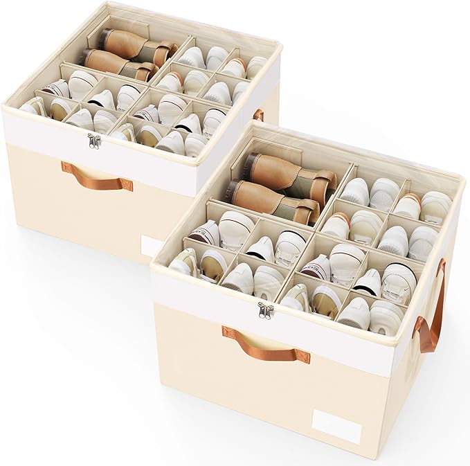 Criusia Shoe Organizer for Closet, 2 Pack Foldable Shoe Storage Organizer Box Bin with Adjustable Dividers and Clear Cover, C