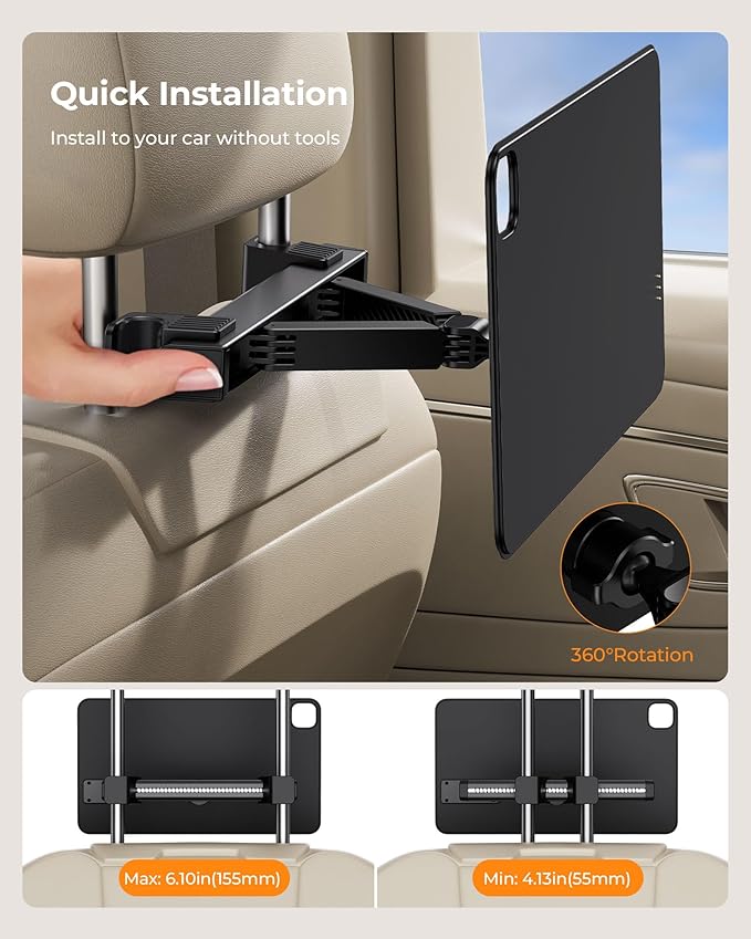KU XIU Magnetic Wireless Charging Car Headrest Tablet Holder for iPad Pro 13'' M4/M5 Only, Tablet Car Back Seat Mount for Kids, Road Trip Essentials Trave Holder with Air Vent Stand, 2M USB-C Cable