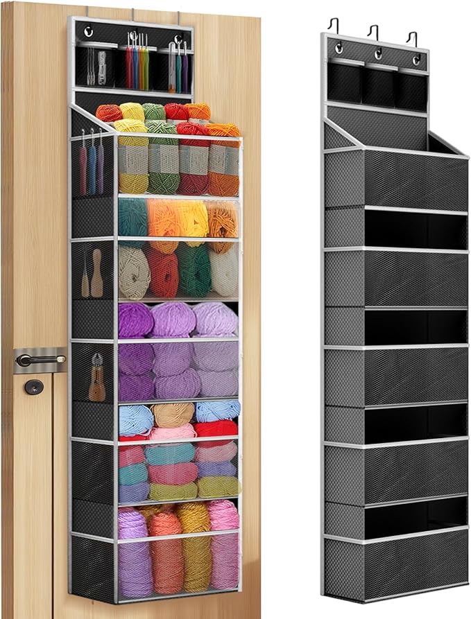 Hanging Yarn Storage Organizer, Large Capacity Knitting Yarn Organizer Storage with 5 Deep Pockets 13 Mesh Bags, Over The Doo