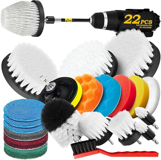 Holikme 22Pack Drill Brush Attachments Set, Scrub Pads & Sponge, Buffing Pads, Power Scrubber Brush, Car Polishing Pad Kit,Wa