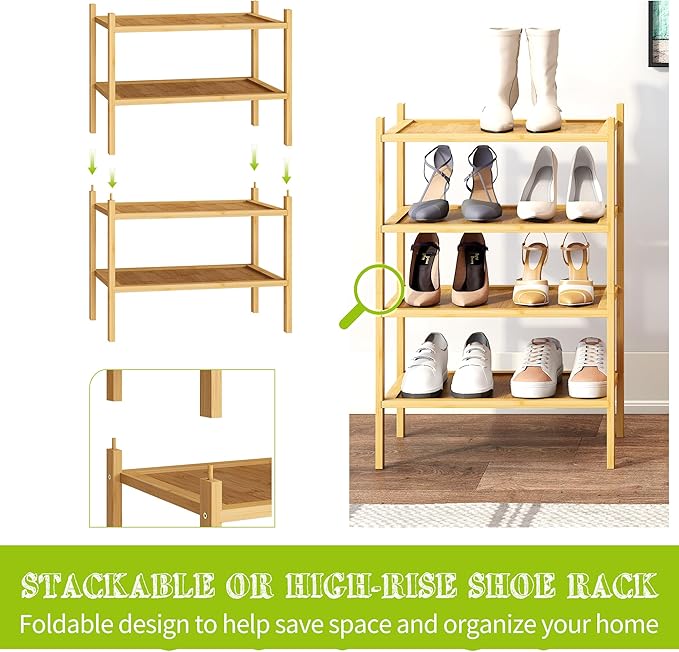 BMOSU 4-Tier Bamboo Small Shoe Rack Premium Stackable Shoe Shelf Storage Organizer for Hallway Closet Living Room Entryway Or