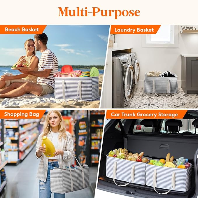 Lifewit Extra Large Tote Bag, Reusable Grocery Bags with Metal Wire Frame and Handles, Standing Utility Foldable Shopping Bags for Storage, Picnics, Beach, Laundry, Car, 46L, 2 Pack, Gray and Blue