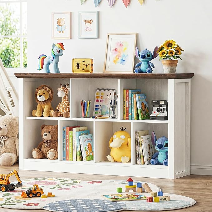 Unikito 7 Cube Storage Book Shelf - 50" Wide Wood Cube Storage Organizer, Wooden 2 Tiers Floor Standing Low Bookcase for Livi
