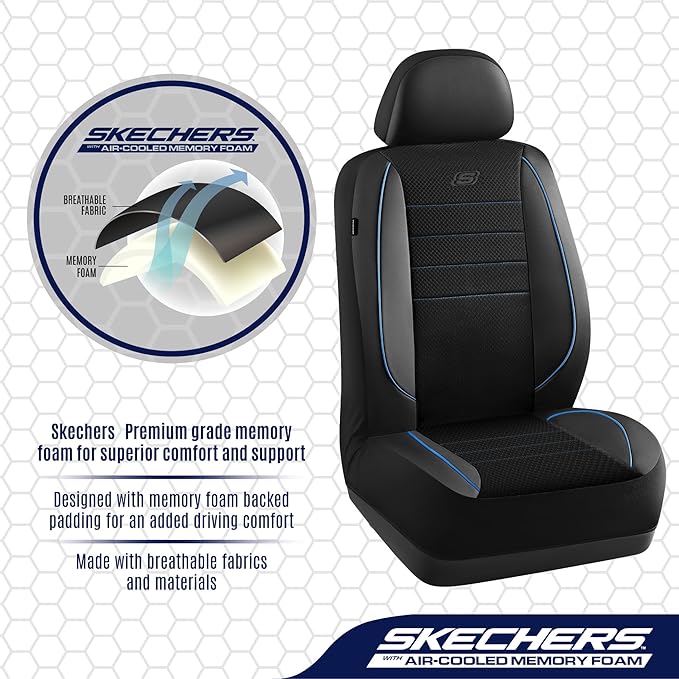Skechers Air-Cooled Memory Foam Seat Covers,Mesh Thick Car Seat Covers,Piping Leather Car Seat Covers Front Seats,Airbag Comp