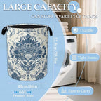 Vintage Blue Floral Laundry Basket Collapsible Laundry Hamper Clothes Toy Storage Bin for Bathroom Bedroom Room Decor 16" X 2