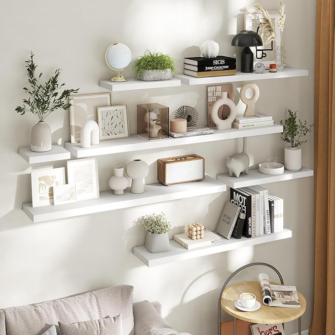32 Inch Floating Shelves for Wall Set of 2, 8"D Wood Grain Bathroom Shelves with Invisible Brackets, Easy Install Engineered 