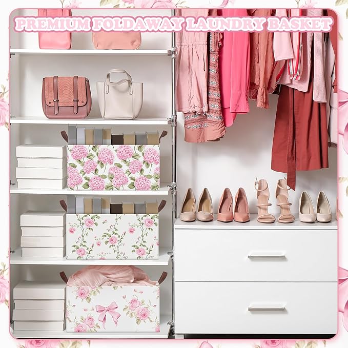 Boao 3 Pcs Pink Hydrangea Foldable Storage Baskets Pink Flower Laundry Basket with Handles Waterproof Storage Bins Fabric She