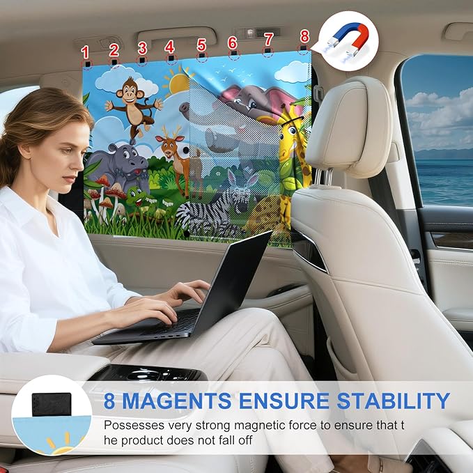 Car Window Shades with 8 Magnets-26.8"x19.7" Car Rear/Side Window Sunshade for Baby Semi-Transparent 2-in-1 Universal Auto Sun Shade for Kid & Pet Protection (2 Pack) Grassland Animal