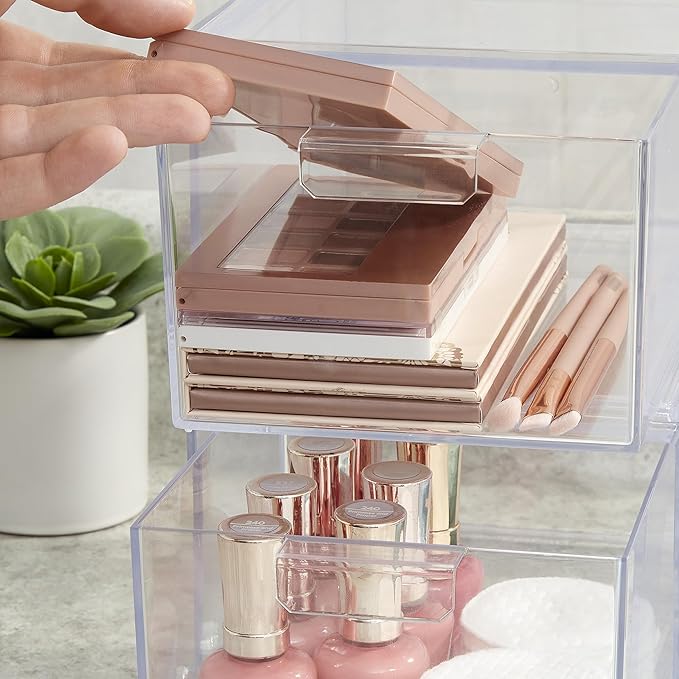 STORi Audrey Stackable Clear Bin Plastic Organizer Drawers | 2 Piece Set | Organize Cosmetics and Beauty Supplies on a Vanity