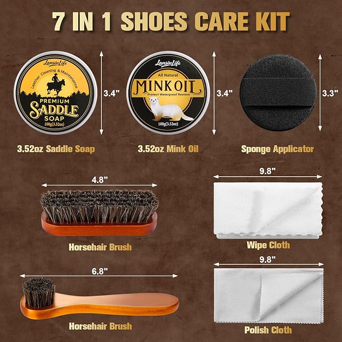 7-in-1 Leather Care Kit, Saddle Soap for Leather, Mink Oil 3.52oz for Leather Boots with 2 Horsehair Brush, Portable Leather 