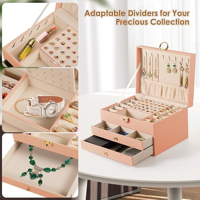 coobest 3 Layer Jewelry Box, Jewelry Holder with Lockable Drawer, Large Jewelry Boxes & Organizer with Velvet Earring Holder,
