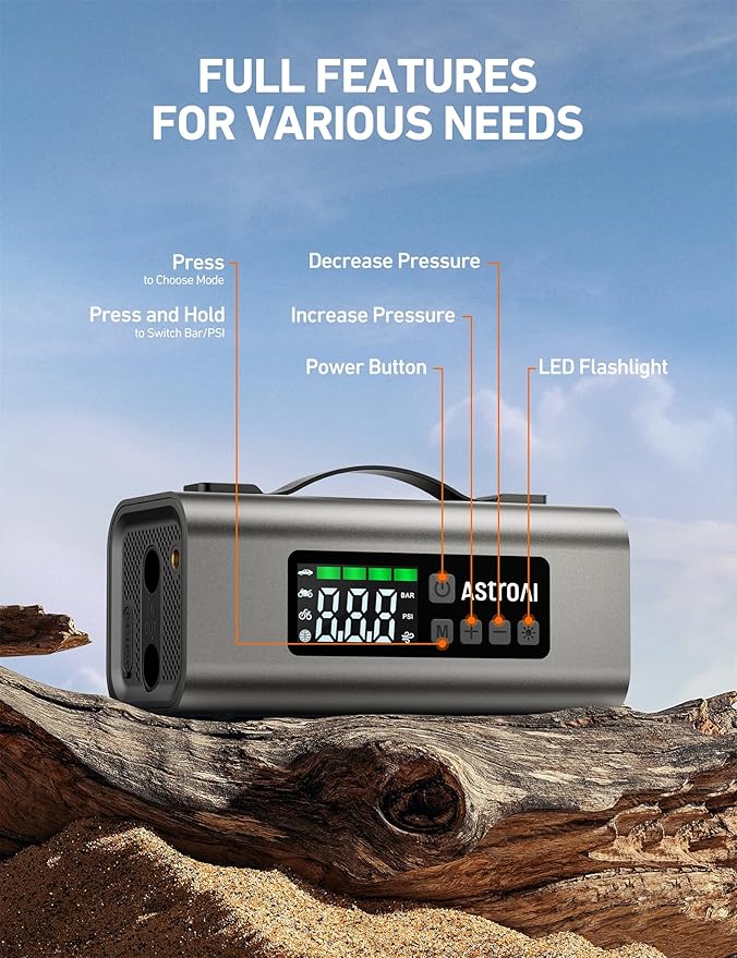 AstroAI 2500A Portable Car Battery Jump Starter with 150PSI Air Compressor 30W Quick Charger, 14800mAh Jump Box (7.5L Gas &