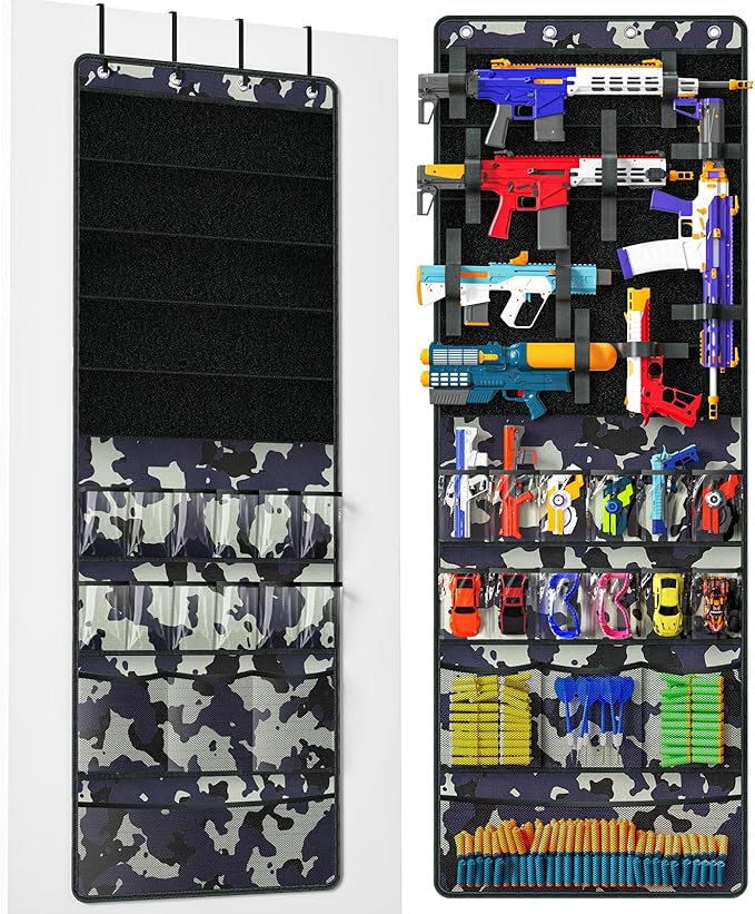 Over The Door Organizer for Toy Guns, Toy Storage, Toys Organizer with Pockets, Hook&Loop Straps for Foam Blasters, Darts, Go
