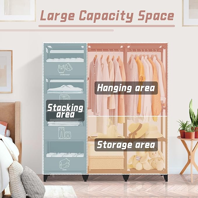 Portable Closet, Easy Assembly, Large Capacity Wardrobe Closet, Sturdy and Stable Clothes Rack with Shelves 4 Storage Baskets