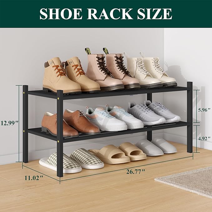 Smiry Bamboo Shoe Rack 2-Tier, Stackable Wooden Shoe Organizer for Entryway & Closet, Free Standing Wood Shoe Storage Shelf f