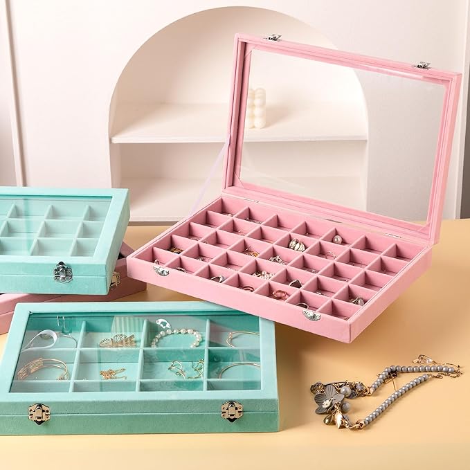 Frebeauty Velvet Jewelry Tray,35 Grid Jewelry Organizer with Clear Lid,Earring Holder Organizer Case with Clasp,Drawer Insert