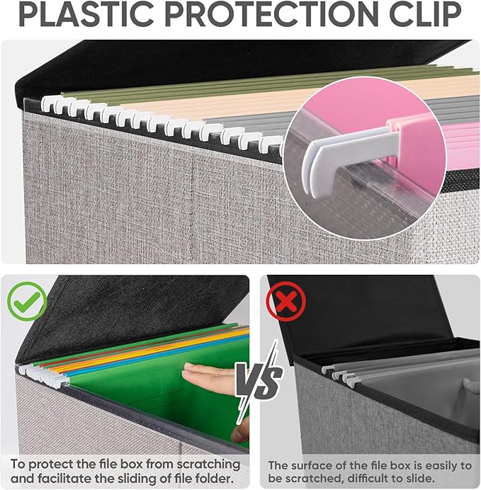BALEINE File Organizer Box with Lid, Collapsible File Folder Organizer with Plastic Slide, Hanging File Folder Box for Office