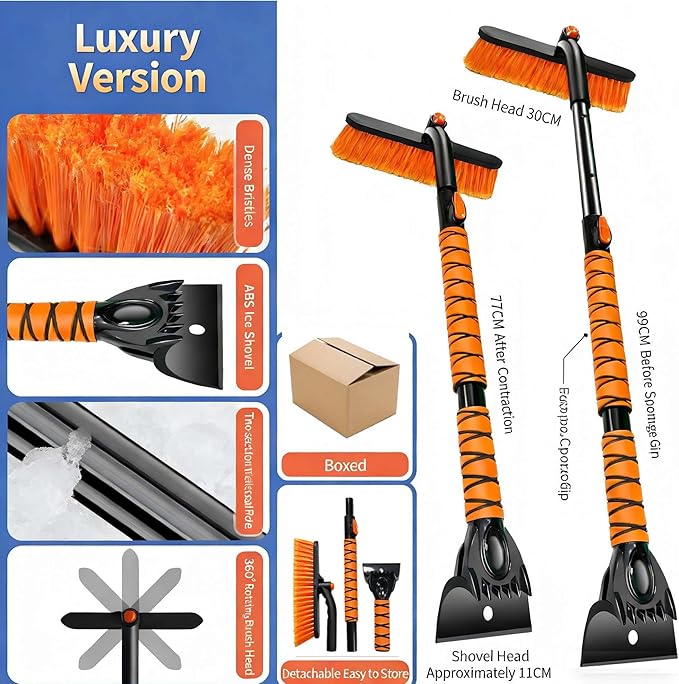 39" Extendable Snow Brush with Ice Scraper & Squeegee for Car Windshield,Rotating Auto Snow Brush with Foam Grip,Heavy Duty Car Snow Brush and Ice Scraper Combo for Truck SUV,Orange
