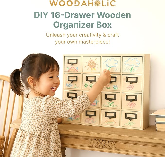 DIY Wooden Desk Organizer with Drawers – Unfinished 16-Drawer Wood Desk Organizer for Crafts, School, or Office – Customizabl