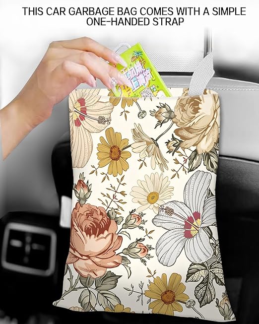 Car Trash Can, Durable Hanging Car Trash Garbage Bag, Cute Automotive Garbage Cans Organizer, Retro White Flowers
